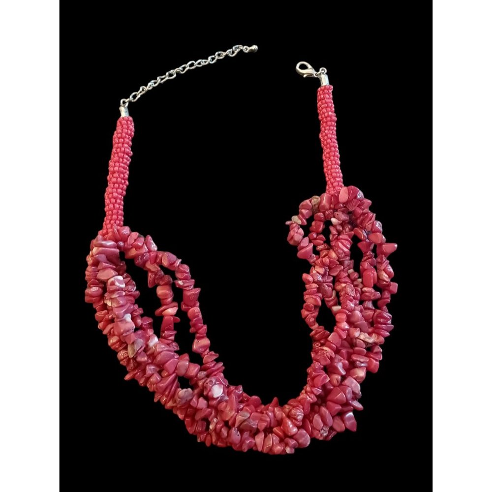 Red Coral Cluster Multi Strand Seed Bead Silver Tone Statement Necklace 19.5"